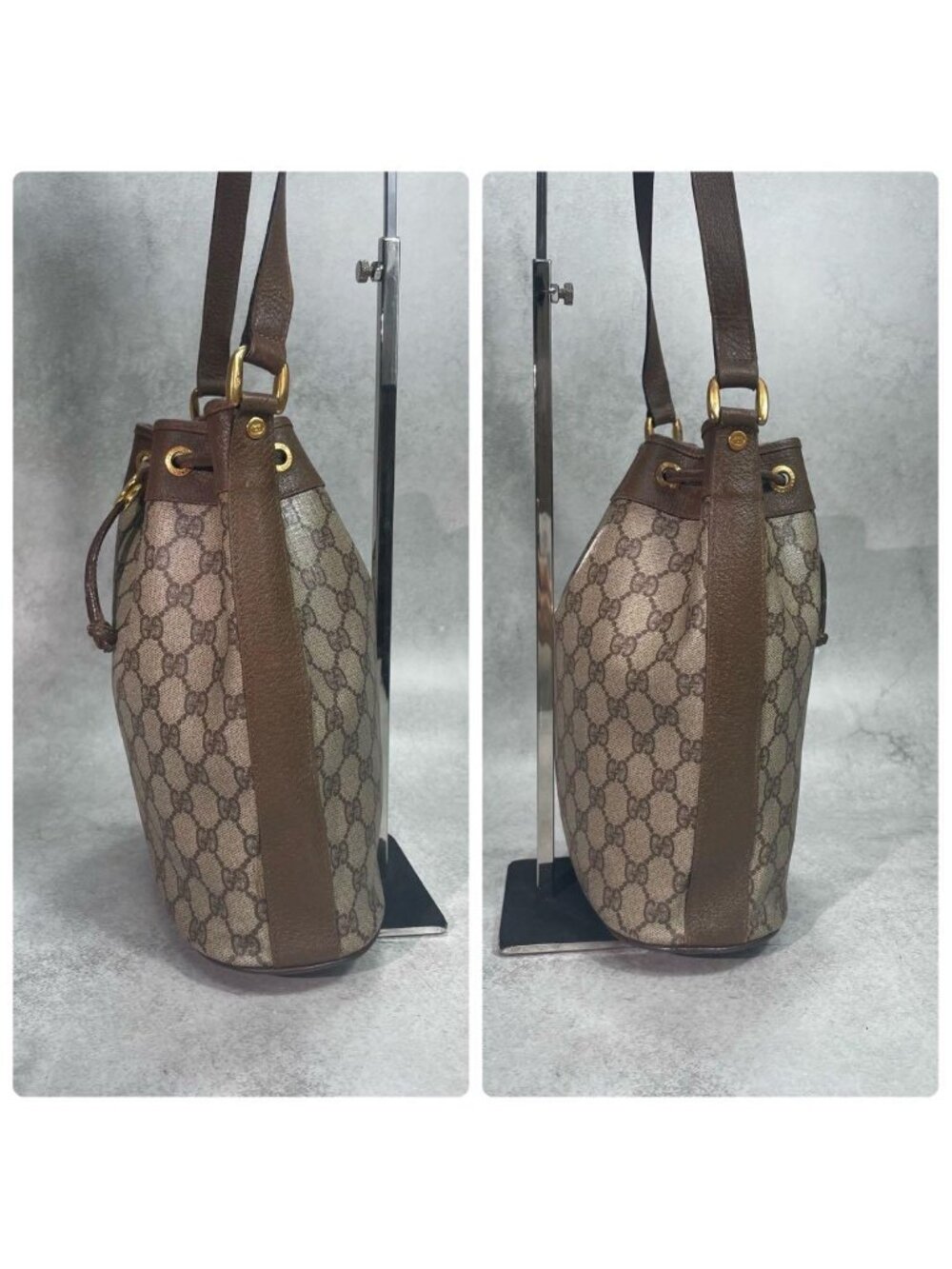★SOLD★ Gucci GG Shoulder Bag Brown Leather Logo Drawstring - Picture 7 of 10